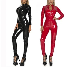 Women's Shiny Leather Catsuit Jumpsuit Zip Bodysuit Wet Look Nightwear Clubwear