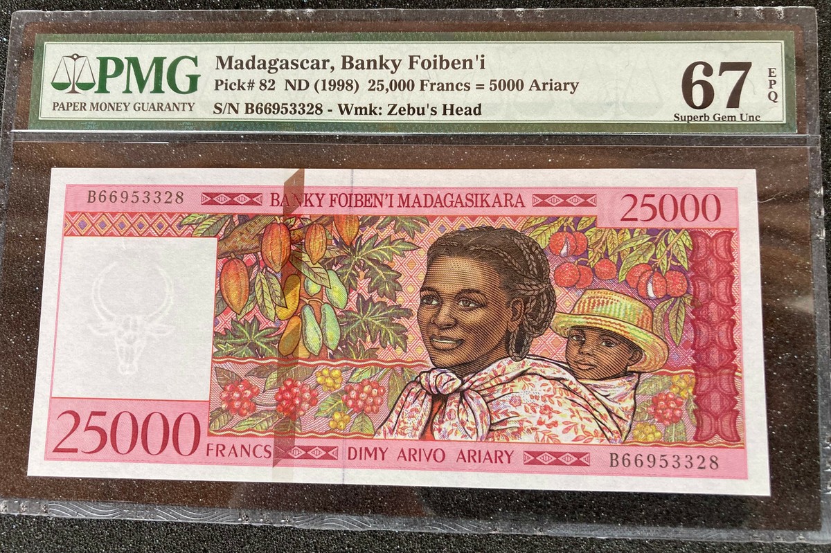 マダガスカル　旧紙幣　25000フラン　1000フラン　硬貨　50アリアリ　他 Madagascar 25,000 Francs 1998 P 82 PMG 67 EPQ | eBay