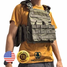XL Army Green Plate Carrier Vest w/ All Attachments Quick Release - 3 Mag Pouch