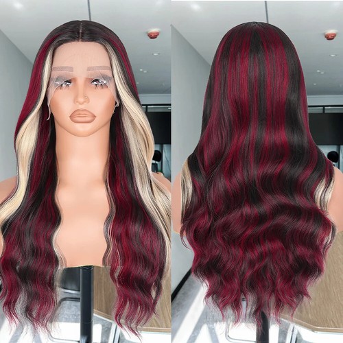Red Black Highlight Wig Synthetic Lace Front Wigs with Baby Hair Body Wave Wig - Bild 4 von 14