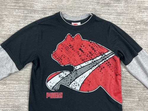 Puma Shirt Boys Large Black Red Long Sleeve Sport Graphic Print Logo Cotton - Picture 2 of 12