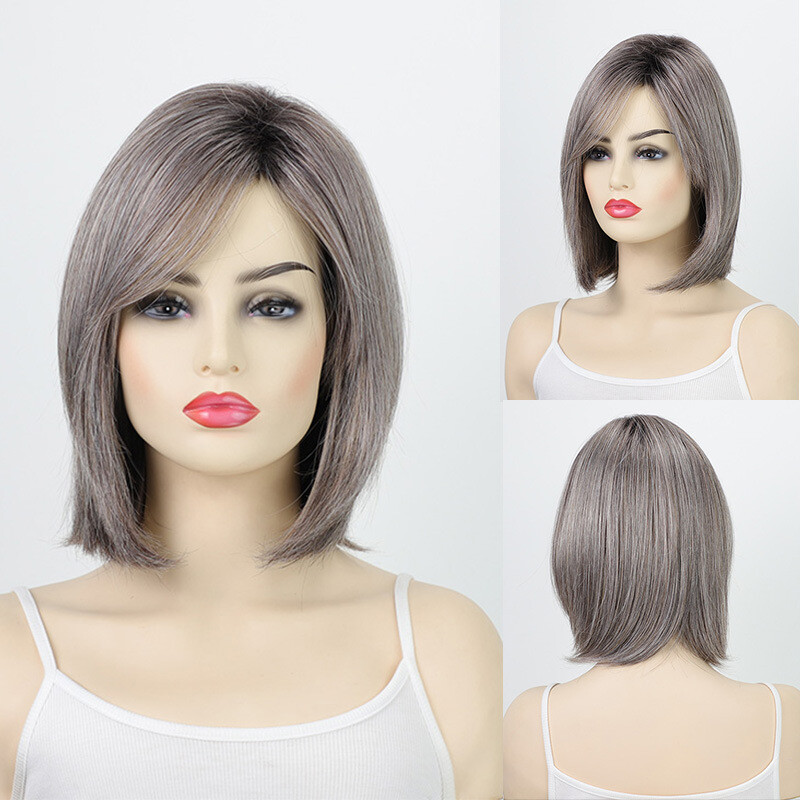 Women Short Bob Grey Wig Ombre Gray Wigs Straight Dark Roots  display picture 3