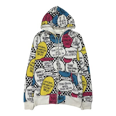 Vintage Stussy Comic Speech Bubble Full Zip All Over Print Hoodie Size Small S