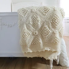 Vtg Afghan Blanket Popcorn Crochet Solid Ivory Cottagecore Lovely Design 86x82