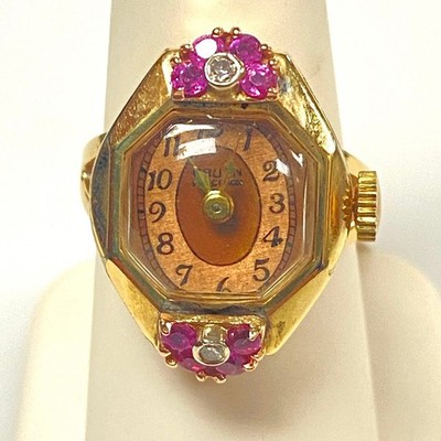 v392 Vintage 10K Yellow Gold Pink Ruby & Diamonds Mechanical Watch Ring Size 8