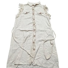 Mlle Gabrielle Sleeveless Frayed Linen Blend Button Down Shirt Dress Beige L