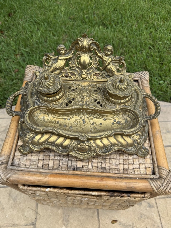 A museum-worthy c.1900 Victorian heavy bronze double inkwell and letter stand — the kind of desk artifact that makes every Zoom background look like a gentleman scholar's study.