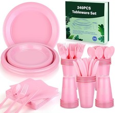 240 Pieces Pink Plastic Dinnerware Set Disposable Heavy Duty Plates Napkins Cups