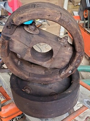 Vintage Wooden wheel flat belt Pulley oil & gas 
