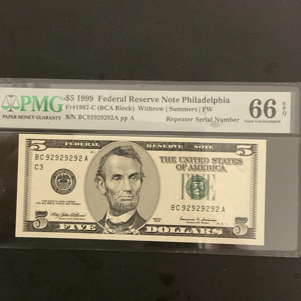 FR#1987-C $5.00 FRN Super Repeater SER# 92929292 PMG 66 EPQ - Image 3 of 3