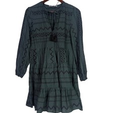 Zara Boho Oversized Embroidered Long Sleeve Mini Dress Tassel V Neck XS Green