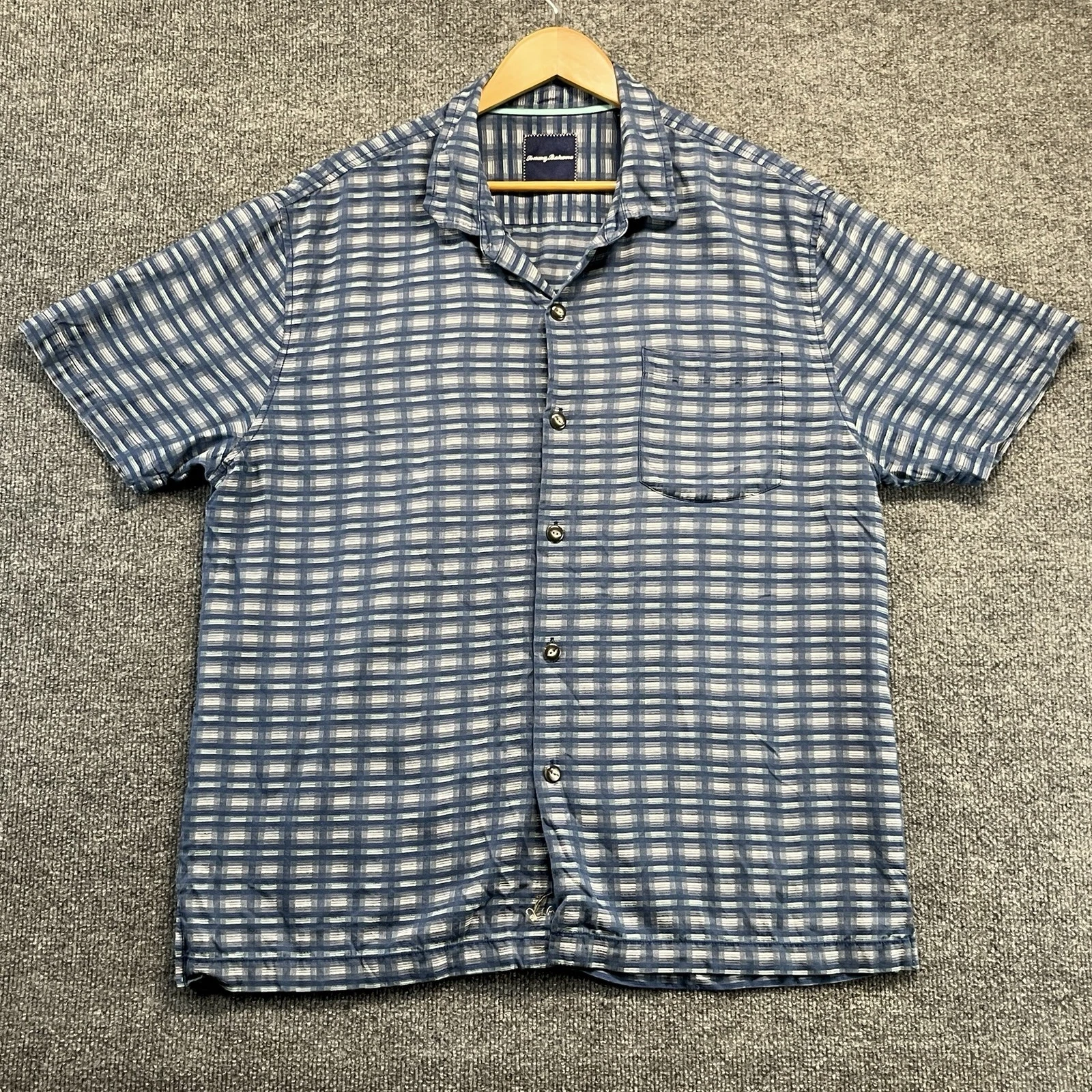 Tommy Bahama Shirt Men XL Blue Silk/Cotton Short Sleeve Button Up Casual