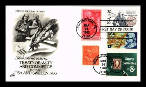 USA & SWEDEN TREATY OF AMITY BEN FRANKLIN 1983 COMBO ARTCRAFT  CACHET FDC UNAD
