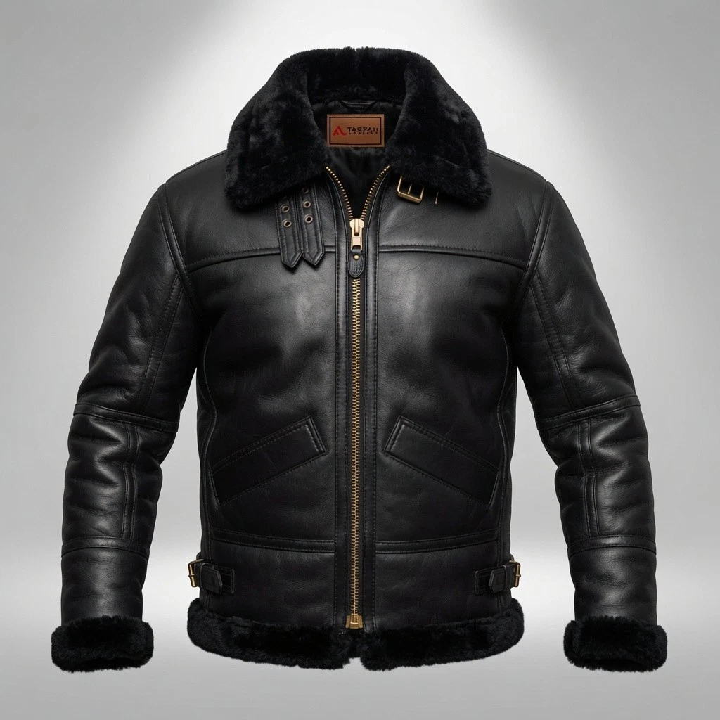 Mens B3 Black Bomber Real Shearling Sheepskin Aviator Flight Leather Jacket USA image 6