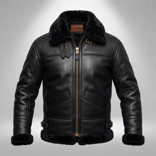 Mens B3 Black Bomber Real Shearling Sheepskin Aviator Flight Leather Jacket USA image 6