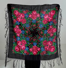 Large rare vintage shawl, wool shawl with tassels and flowers, traditional