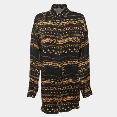 Versus Versace Black Chain Link Printed Silk Satin Long Sleeve Shirt