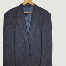 Lands End Blazer Mens 42R Navy Blue Lambswool Herringbone Tweed Sport Coat VTG
