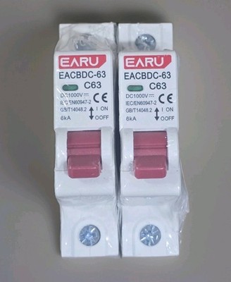 (2) EARU 63A DC 1000V 1P Solar Mini Circuit Breaker MCB Photovoltaic PV Overload