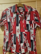 RARE  Shaheen's Honolulu Aloha Shirt 60s Coconut Button Vtg MCM Cotton Med