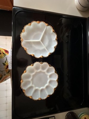 Vintage Anchor Hocking Fire King Milk Glass Divided Dish and Egg Plate Set with