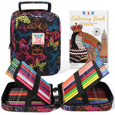 H & B H B 72-Color Colored Pencils Set with Coloring Book, Eraser, and Sharpener -