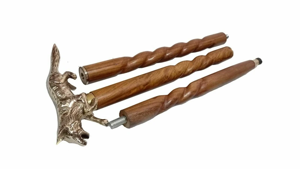 Bastón de madera marrón con mango de cabeza de zorro de latón de diseñador hecho a mano regalo Foto 2 de 4