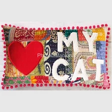 Love My CAT Kantha Throw 2 Pillow Soft Patchwork Multicolor Red Tassel cushion