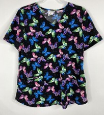 Scrubstar Scrub Top Womens Size M Black Colorful Butterflies 3PKT Medical Nurse