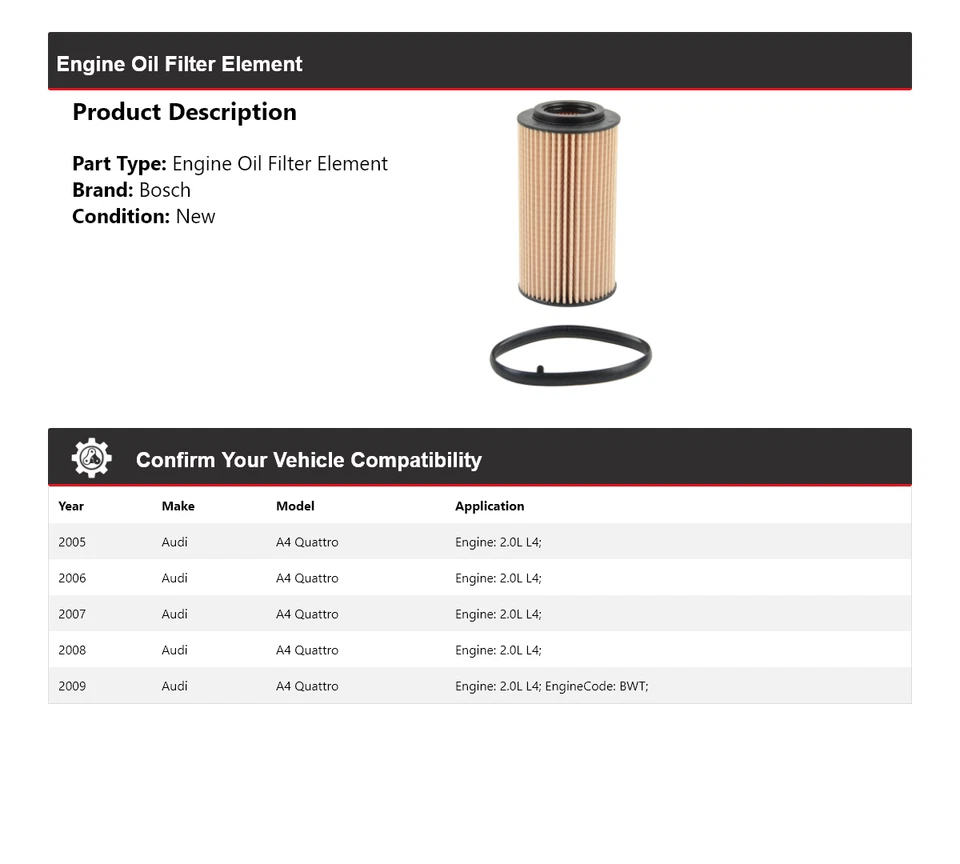 Масляный фильтр премиум-класса для Audi A4 Quattro 2,0 л L4 Bosch 2005-2009 годов выпуска 2006 2007 2008 годов выпуска - Изображение 2 из 3