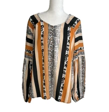 Tolani Black Orange Stripe Snakeskin Floral Serenity Blouson Sleeve Top Oversize