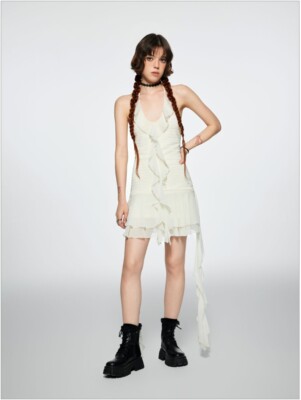 Shop Cider Lace Halter Ruffle Mini Dress | eBay