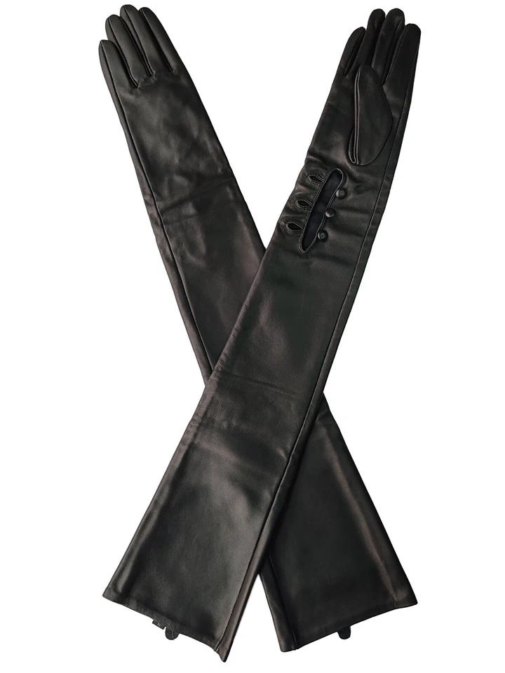 Mujeres Hombro Largo Cuero Oveja Real Muñequera Botones Ópera Cuero Guantes Foto 2 de 4