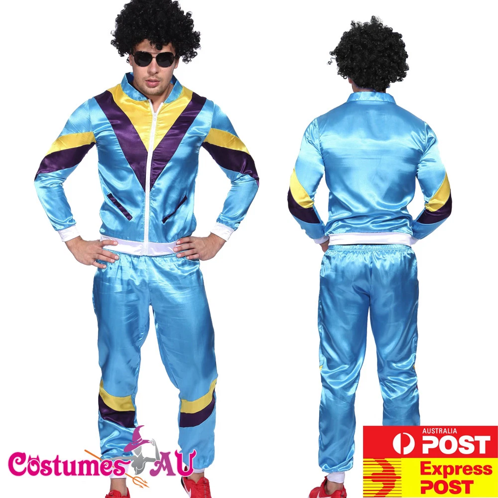 Mens Retro Neon 80s Height Fashion Scouser Tracksuit Blue Shell Suit  Costume