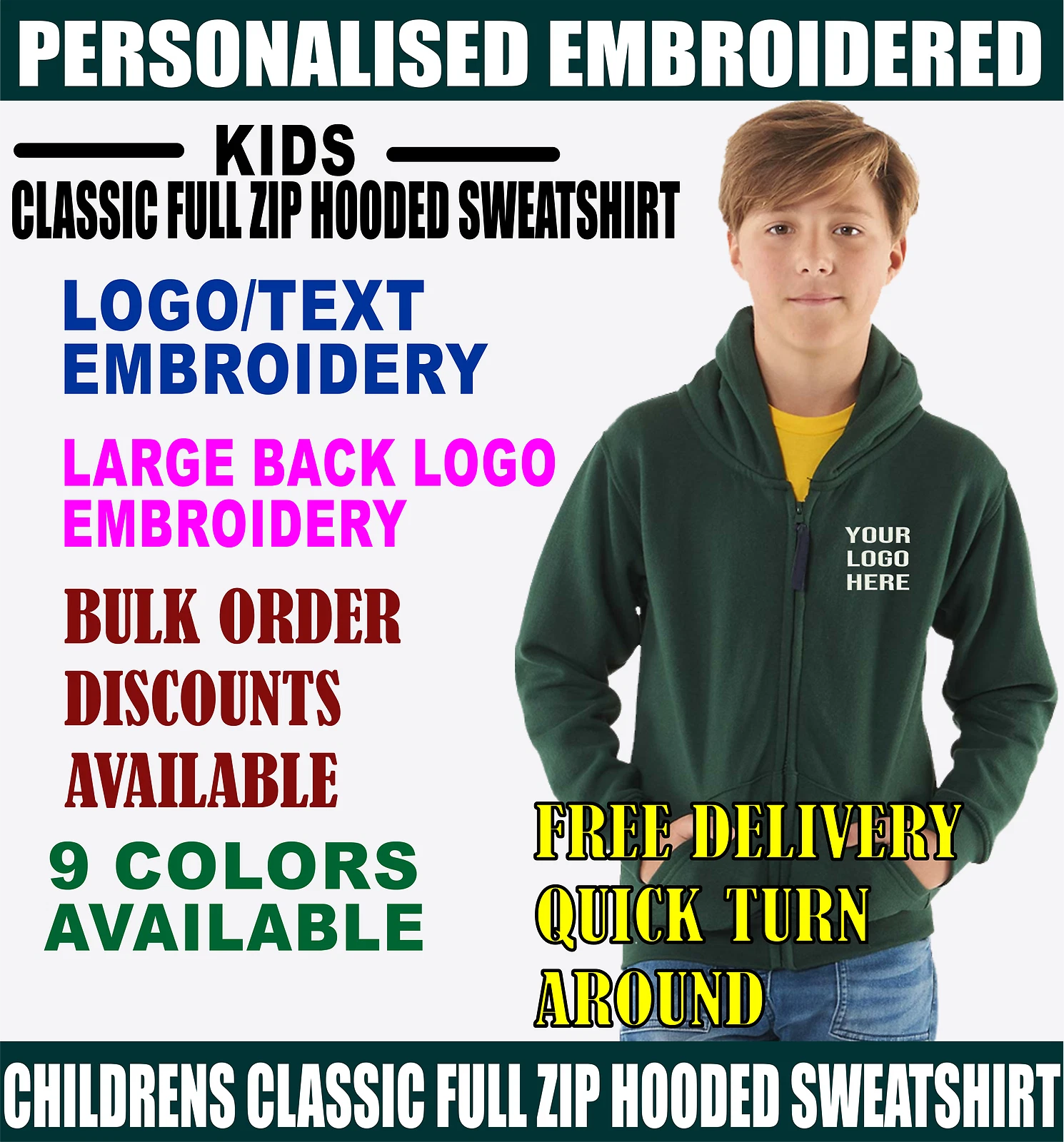 Personalised Embroidered Logo Uneek UC506 Childrens Classic Full Zip Hoodie
