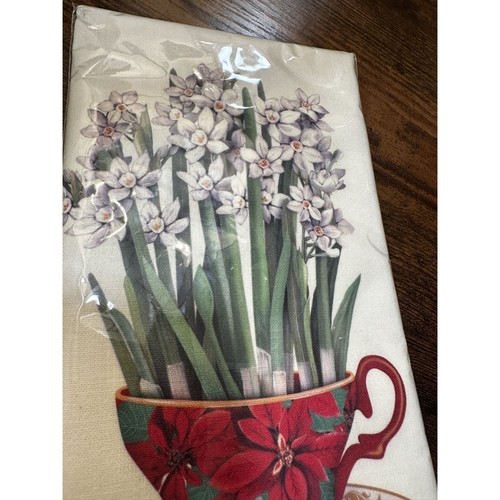 Flour Sack Kitchen Towel 30" X 30" Tea Cup Red Flowers Poinsettia & Bulb Flowers - Picture 4 of 6