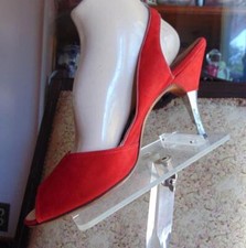 Vtg 50s Union Made Red Suede Open Toe Slingback Shoes W Silver Stiletto Heal sz8