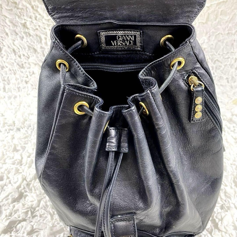 Gianni Versace Leather Backpack Sunburst Black with Gold Hardware and