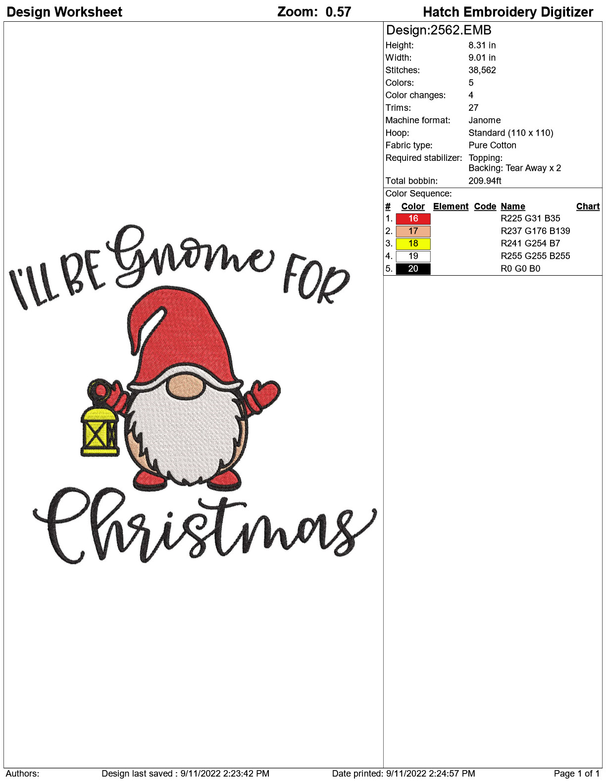 CHRISTMAS GNOME FOR CHRISTMAS BROTHER Embroidery Machine Design Pattern PES HUS 