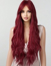 Perruque Synthétique Femme Rouge Foncé A Frange Longue Bouclé +4 Bonnet