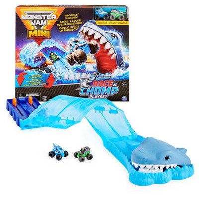 Monster Jam, Mini Megalodon Race and Chomp Playset with 2 Mini Trucks, 187 Sc...