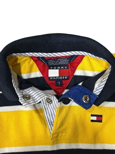 Tommy Hilfiger Boys Striped Rugby Polo Shirt Long Sleeve Size 7 Yellow Navy - Picture 3 of 11