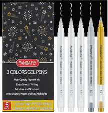 PANDAFLY Gold Silver White Gel Pens, 1mm 1 Count Pack of 5 , Multicolor
