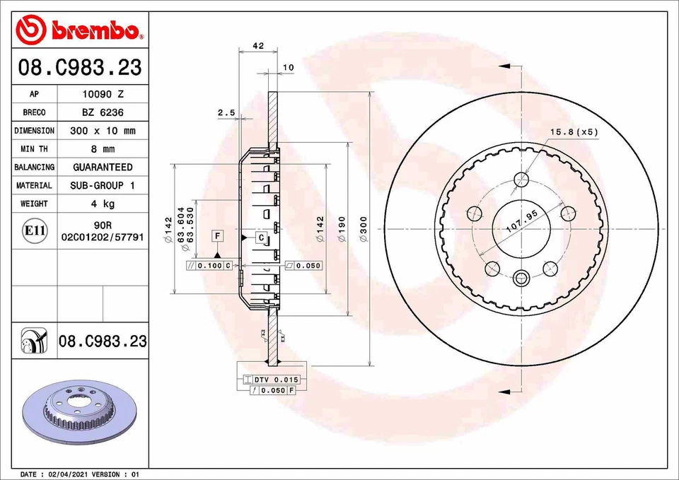 2x BRAKE DISC 08.C983.23 FOR LAND ROVER DISCOVERY/SPORT/VAN RANGE/EVOQUE 1.5L - Image 2 of 4