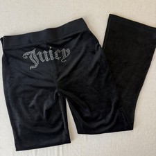 Juicy Couture Black Velour Rhinestone Logo Flare Track Pants Small Y2K Style