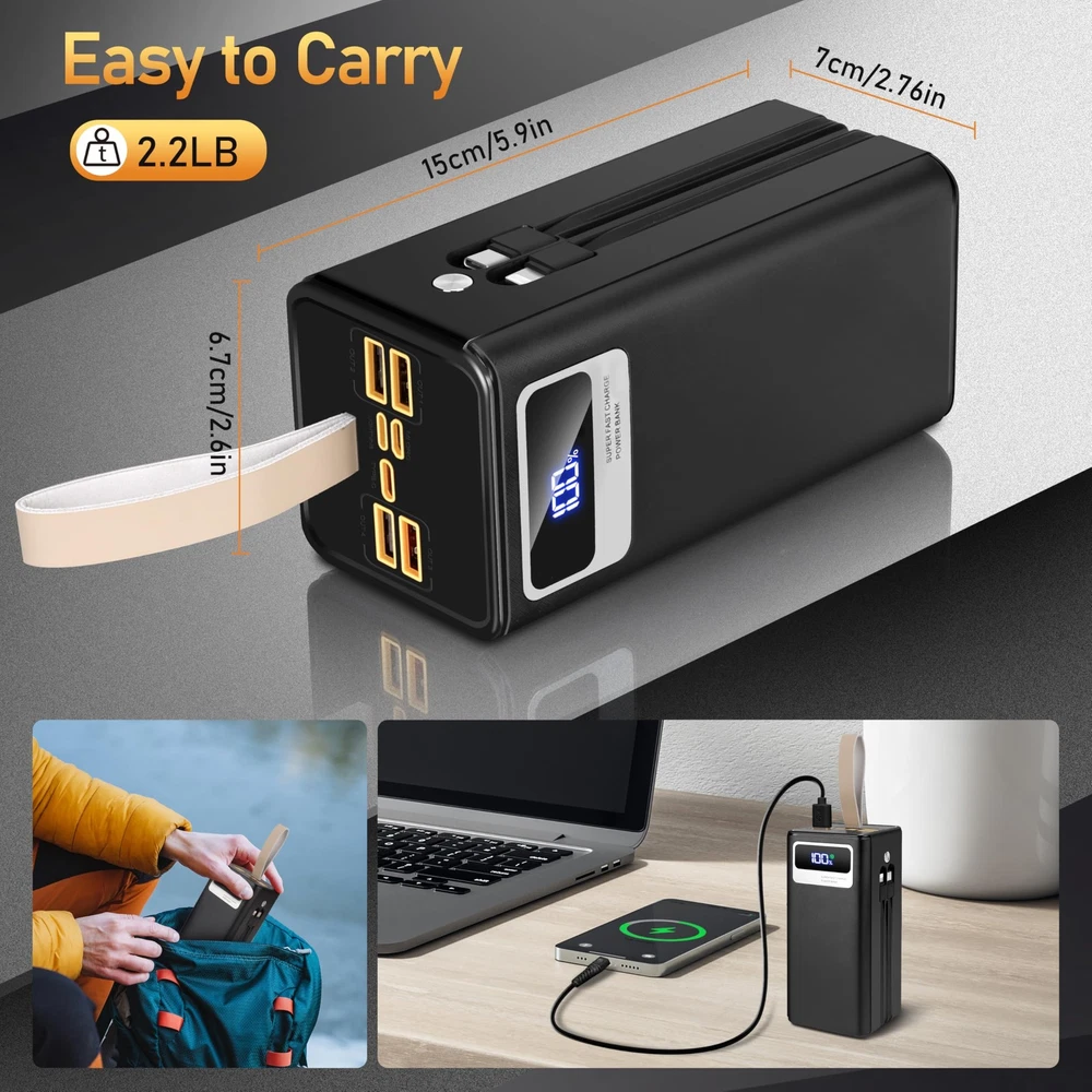 50,000mAh Power Bank with 22.5W Fast Charging & Built-in Cables