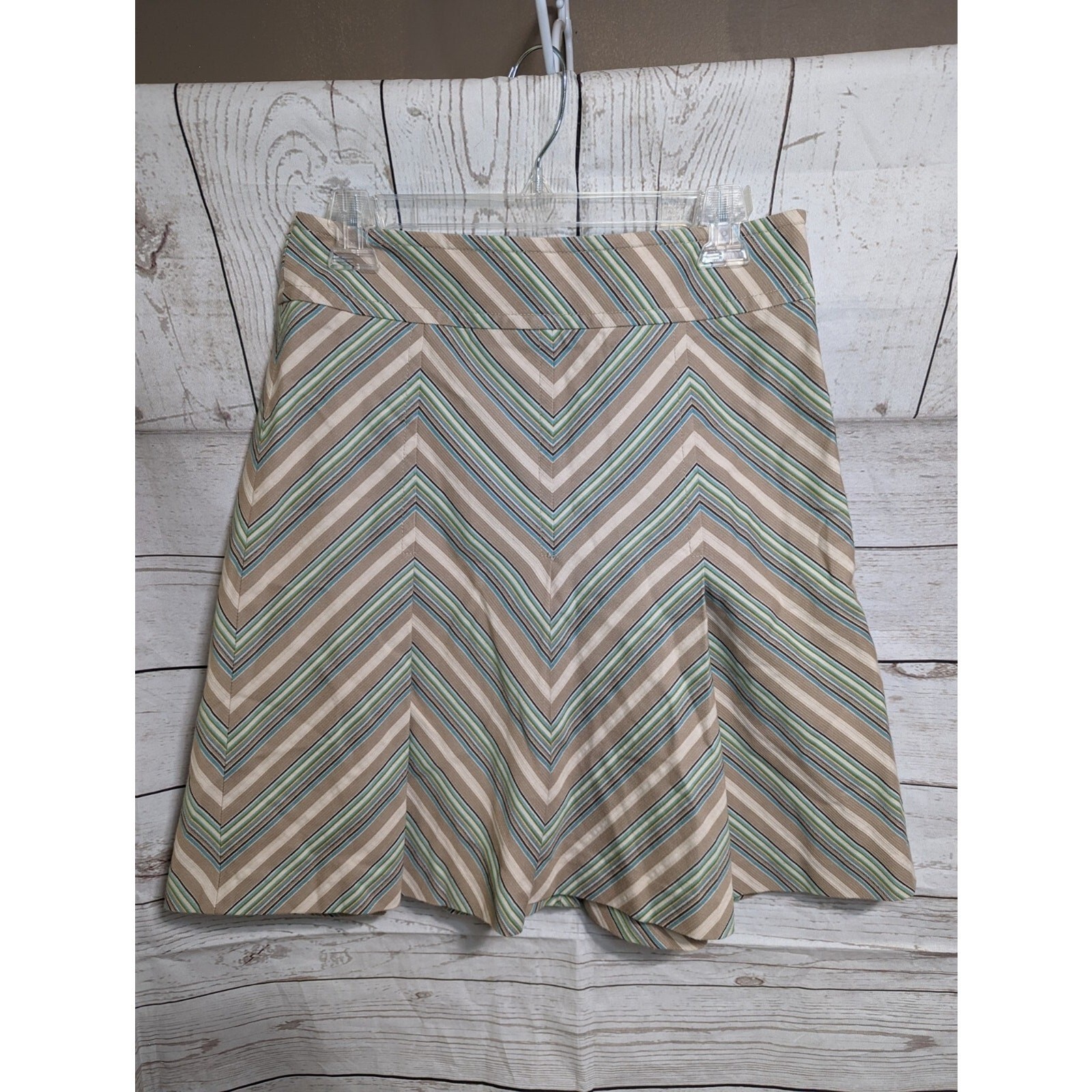 LOFT Women's Size 4 Midi A-line Skirt Tan Green Blue Brown Striped Side Zip