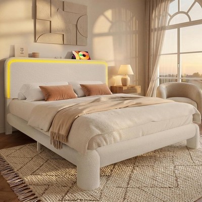 Queen Size Boucle Bed Frame, Upholstered Cloud Bed Frame with Shelf Headboard, B