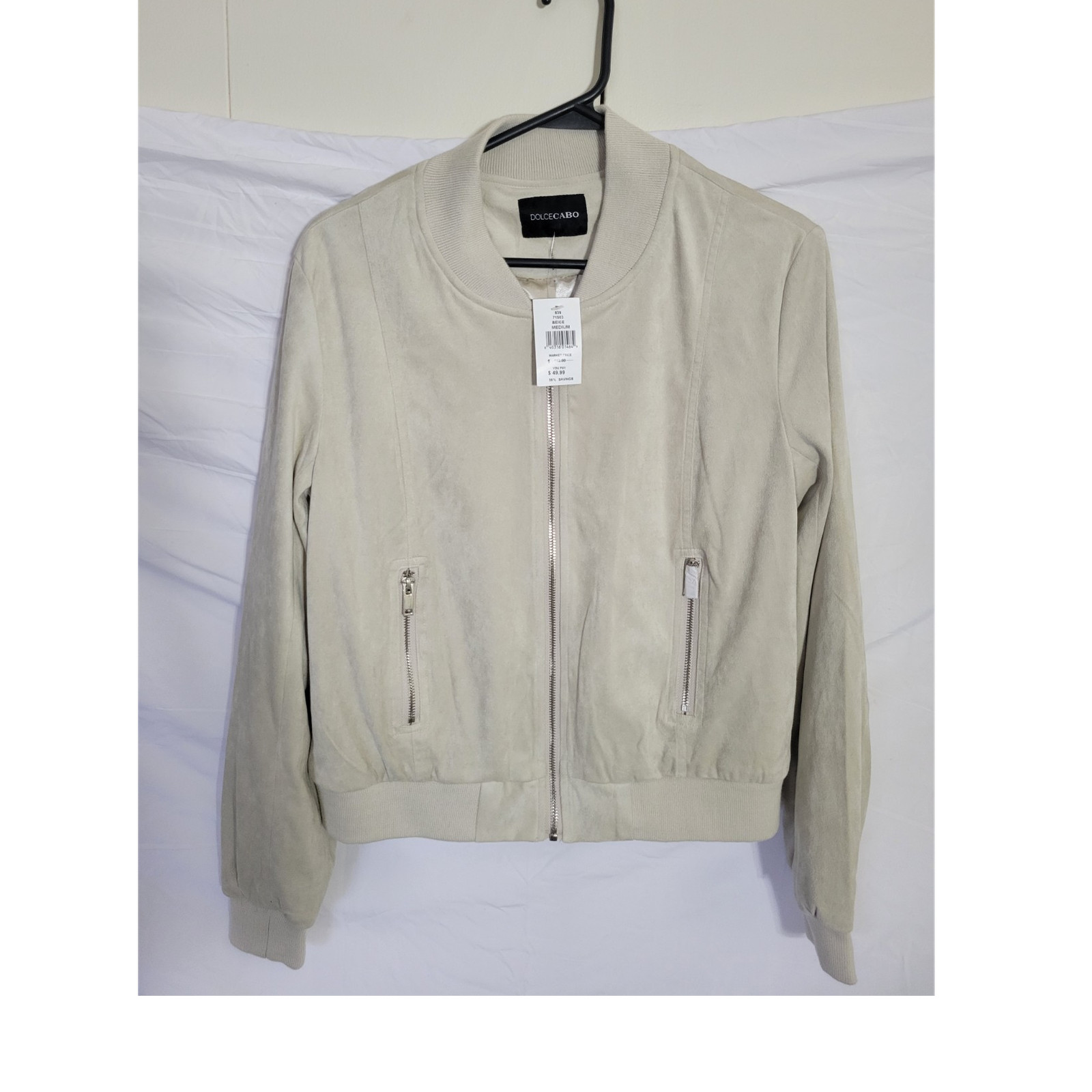 DOLCECABO Women’s Beige Suede Bomber Jacket Full Zip w/ Pockets Size M