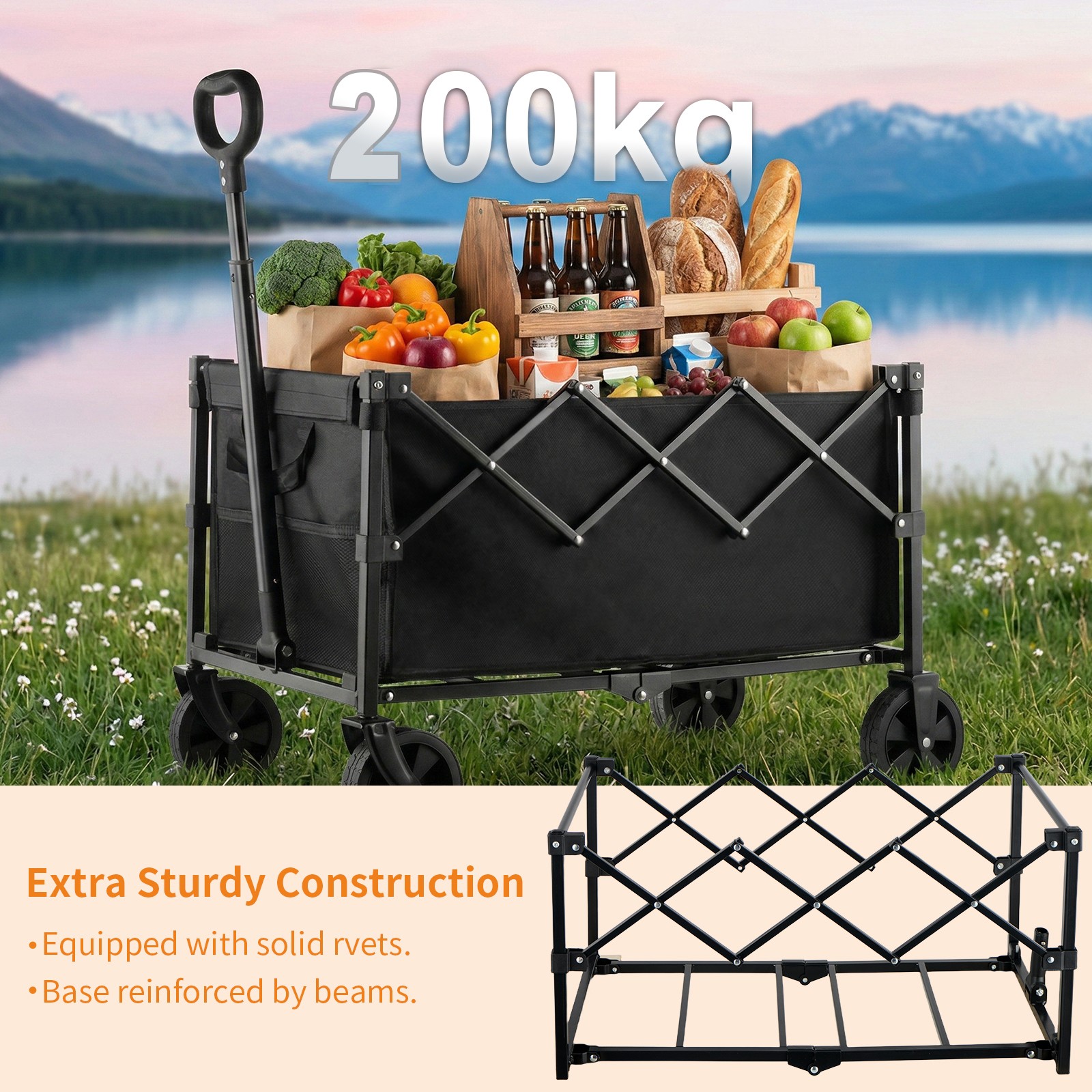 200KG Heavy Duty Foldable Trolley Cart Wagon Beach Camping Festival 100L Folding